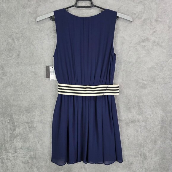 Womens Iz Byer Navy Sleeveless Dress Lined Striped Belt 100% Polyester Size L - Picture 8 of 11